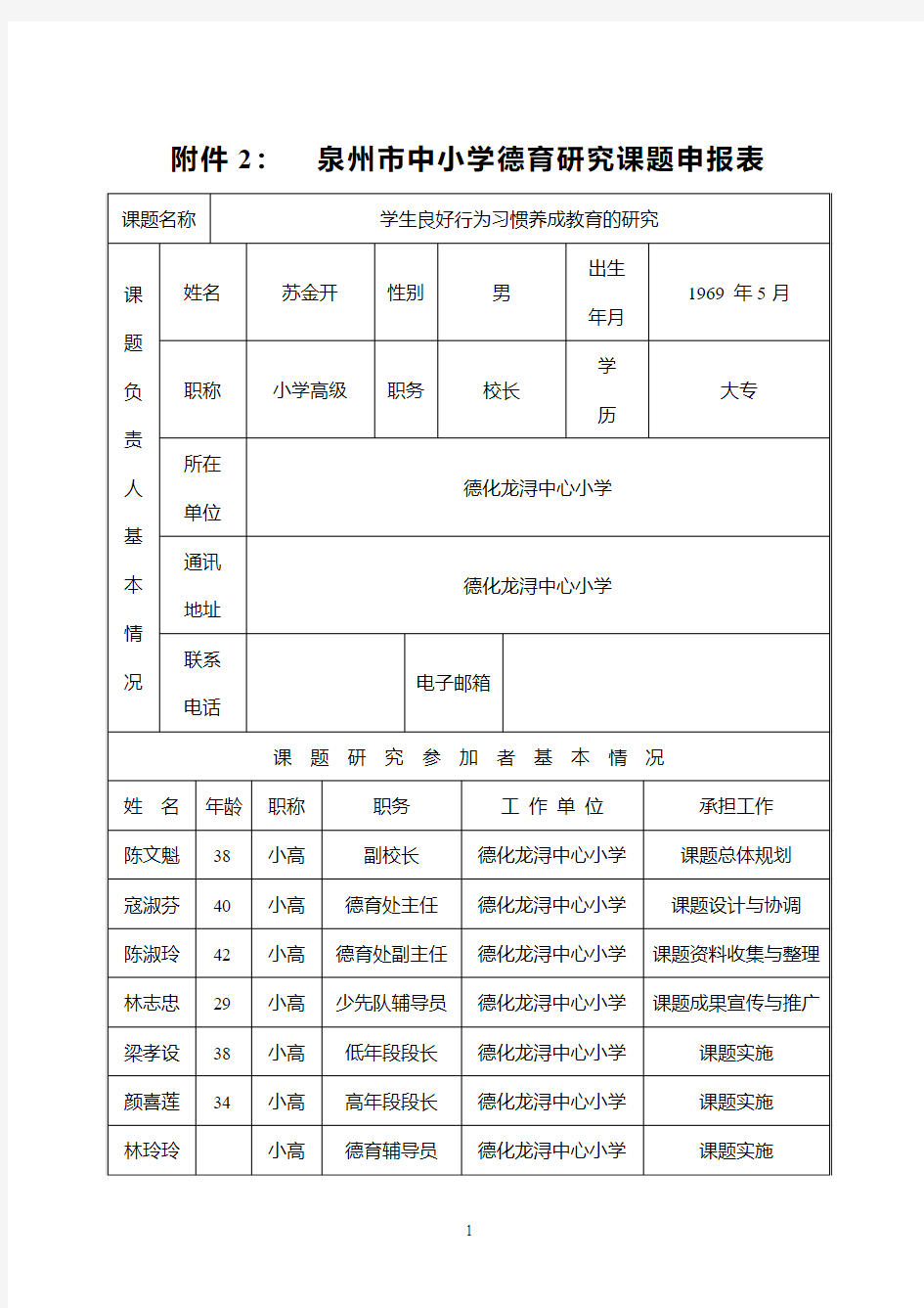 泉州市中小学德育研究课题申报表