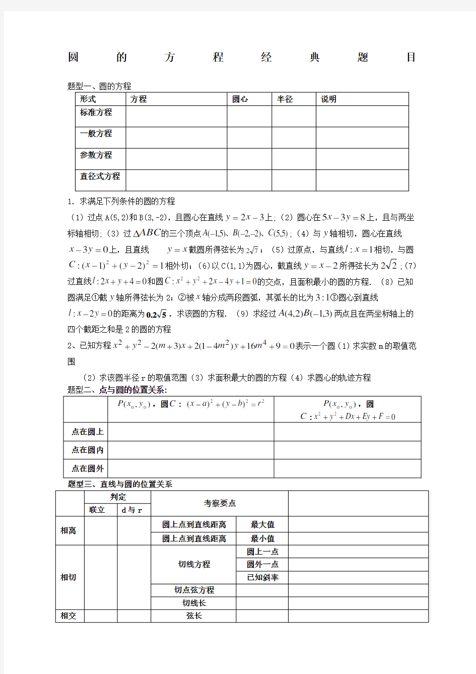 圆的方程经典题目带答案