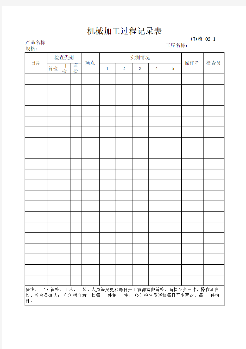 机械加工过程记录表