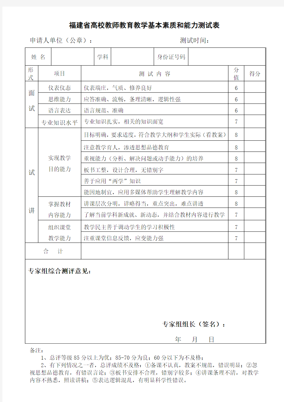 福建省高校教师教育教学基本素质和能力测试表