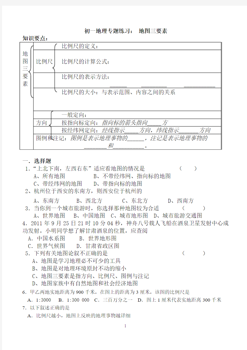 专题练习： 地图三要素