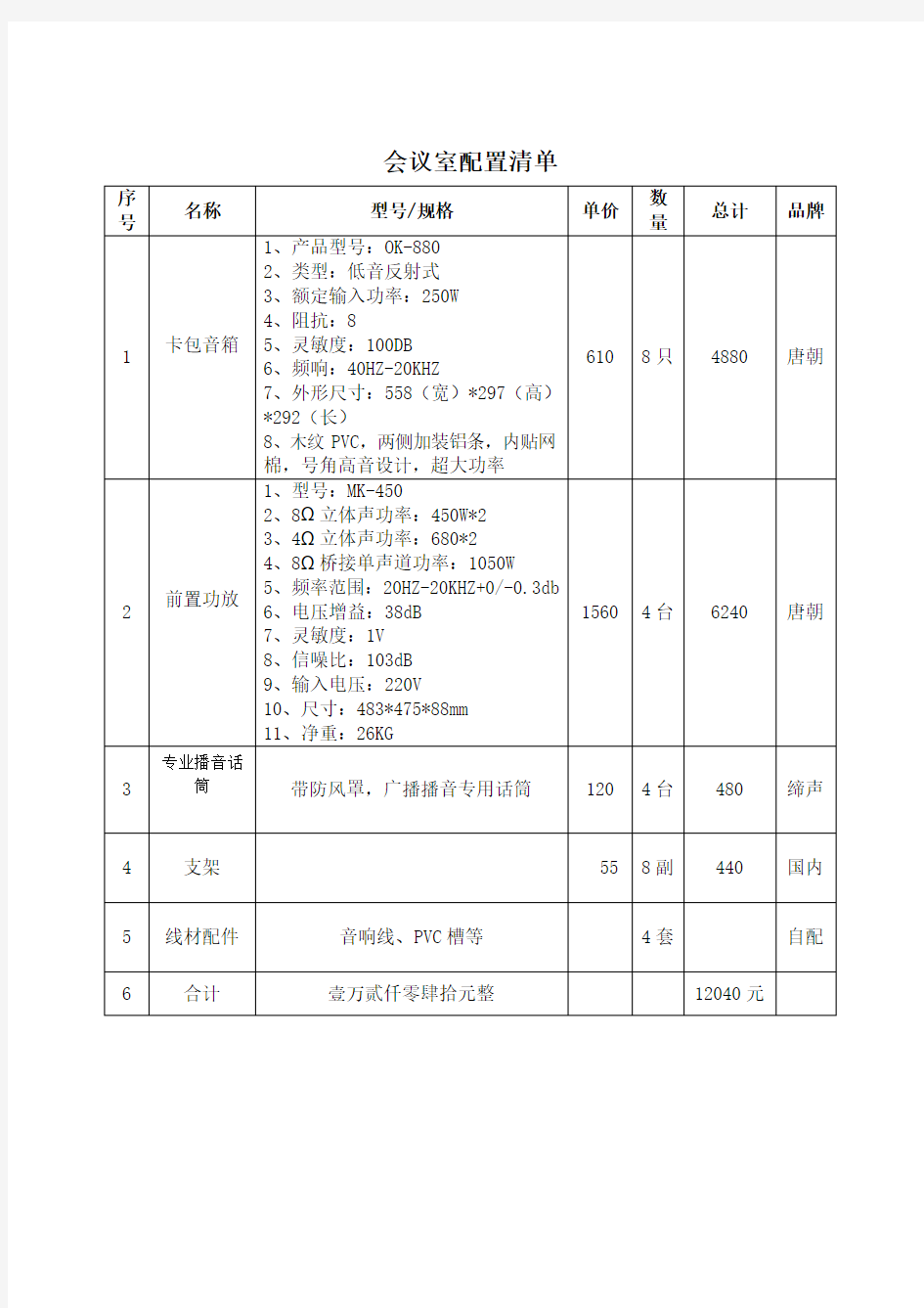 教室配置清单