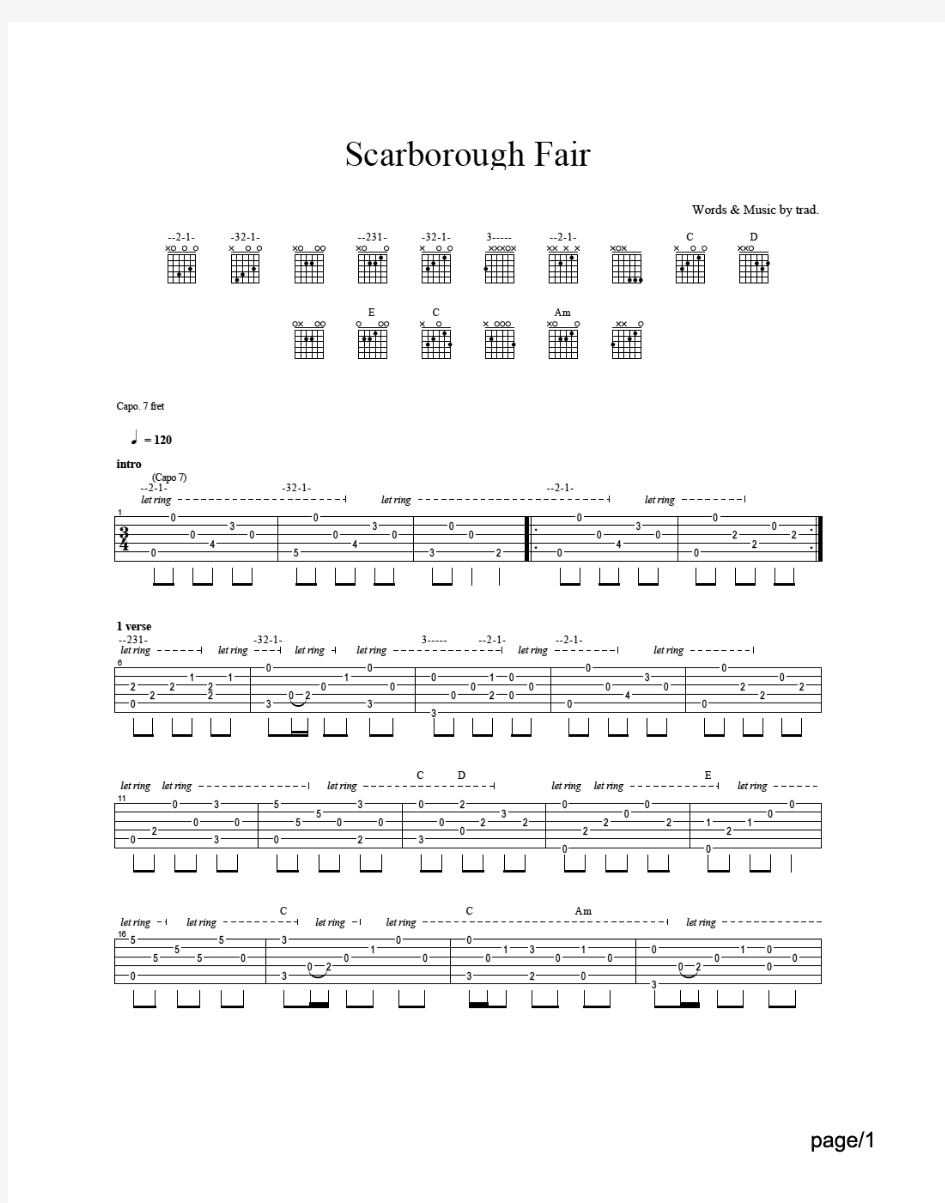 《斯卡布罗集市》独奏指弹吉他谱