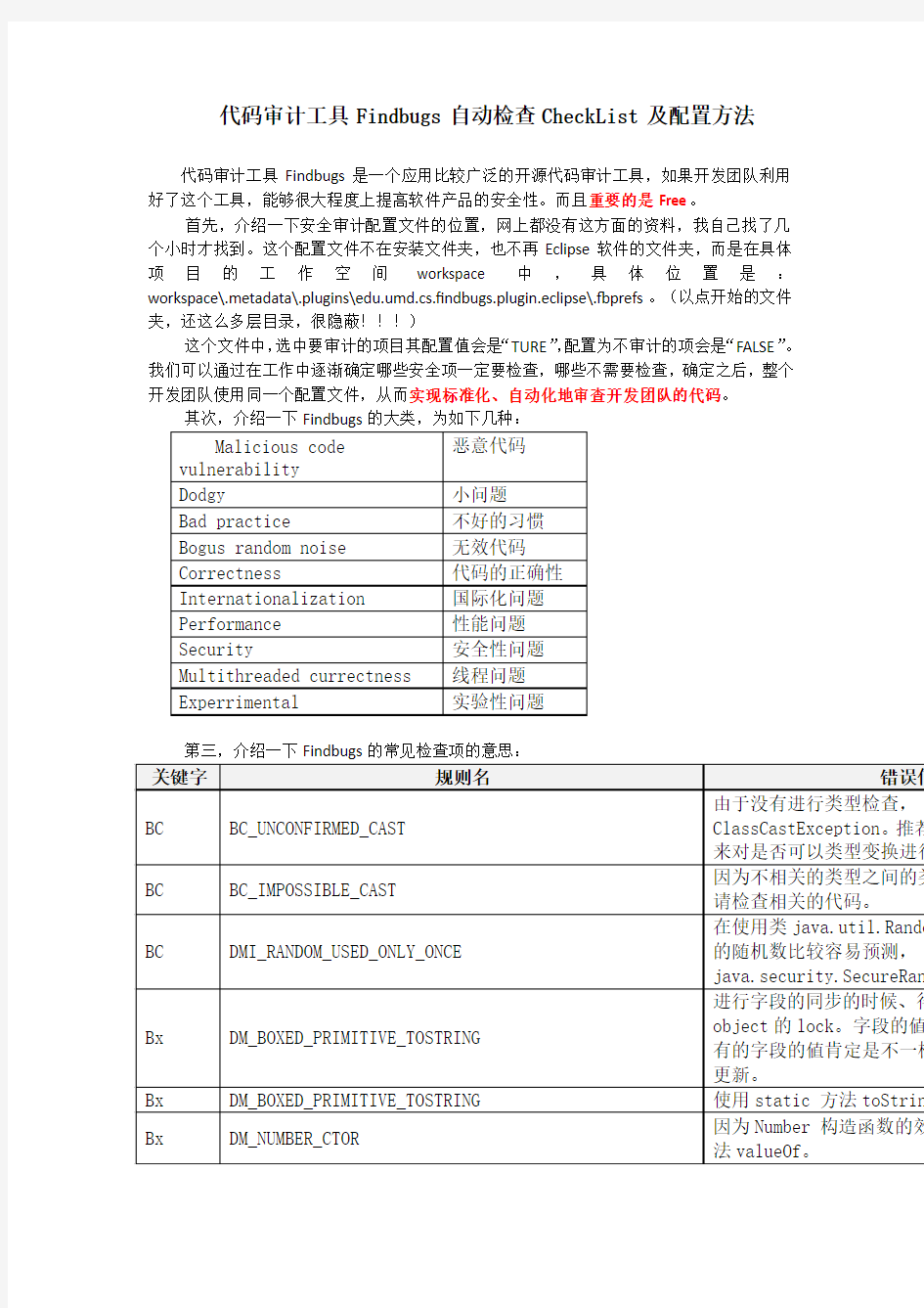 代码审计工具Findbugs自动检查CheckList及配置方法