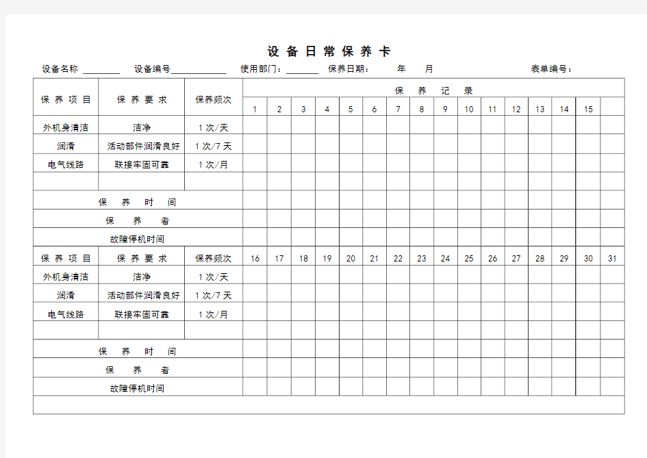 生产设备日常保养卡