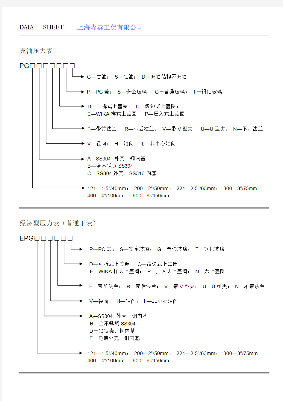 压力表型号命名 中英文