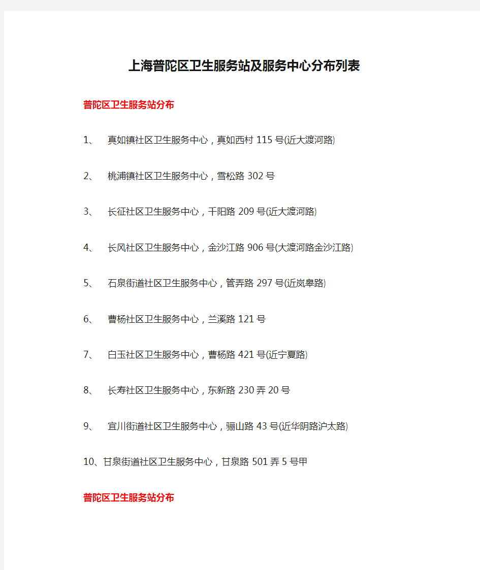 上海普陀区卫生服务站及服务中心分布列表