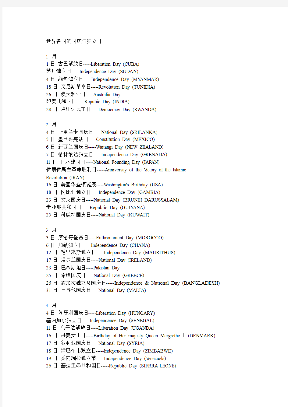 外国独立日及纪念日