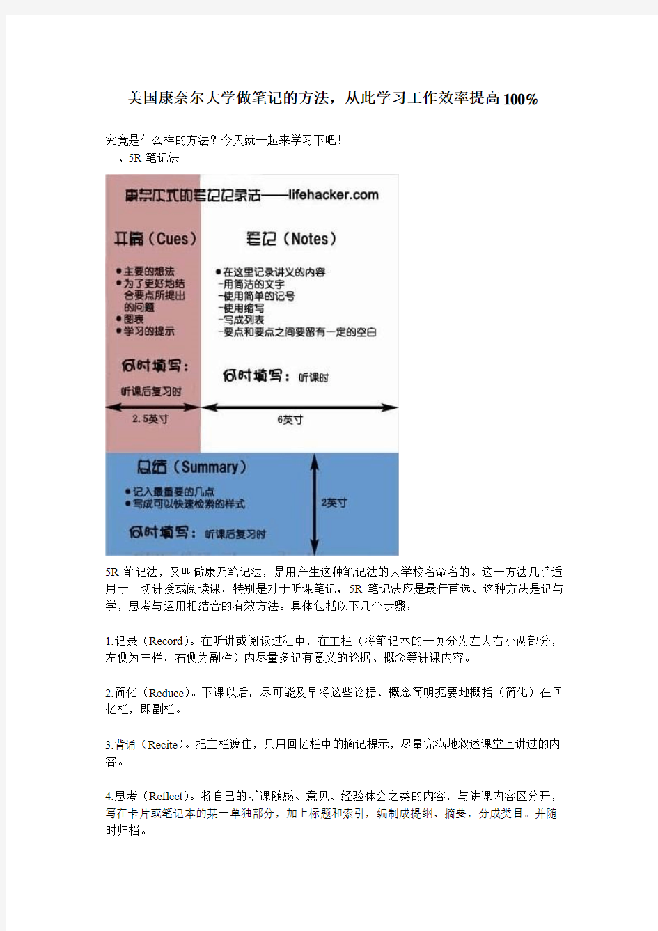 美国康奈尔大学做笔记的方法