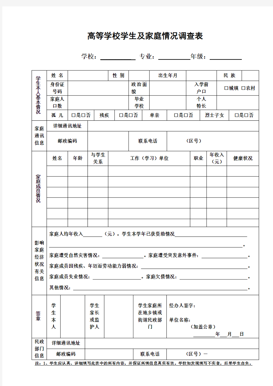 学生家庭经济困难证明空白表格