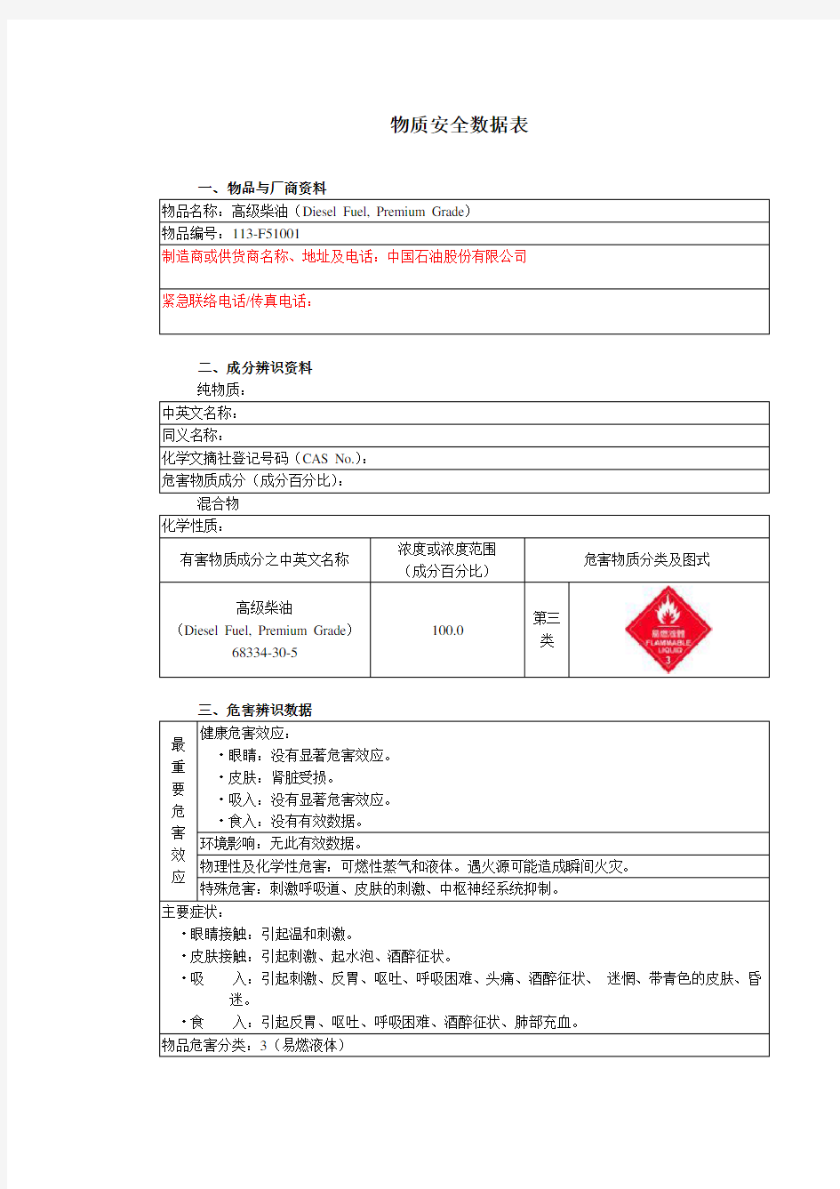 MSDS 物质安全数据表--柴油