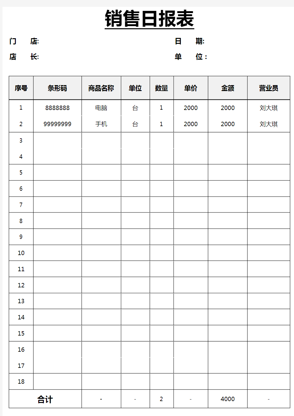 销售日报表