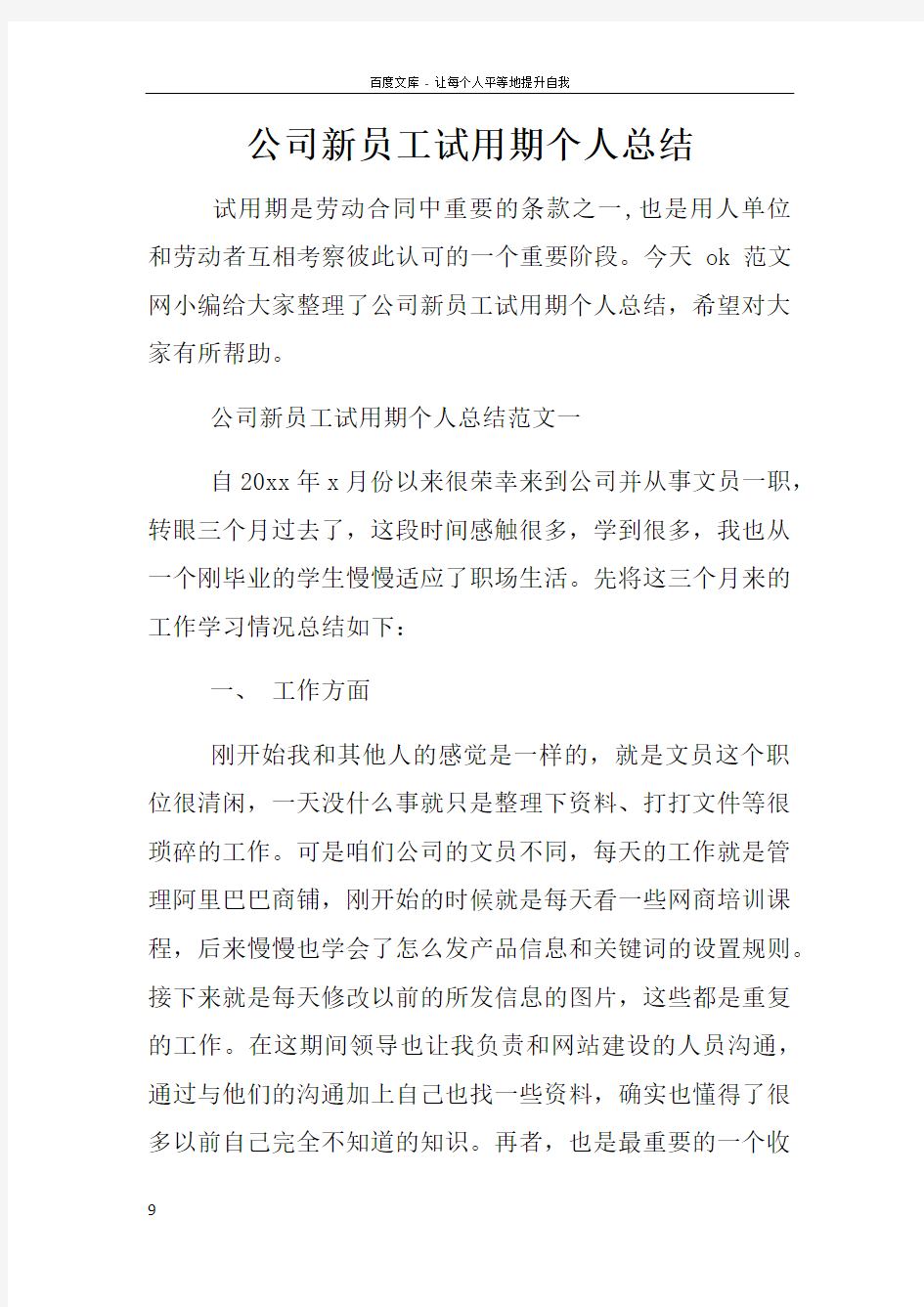 公司新员工试用期个人总结