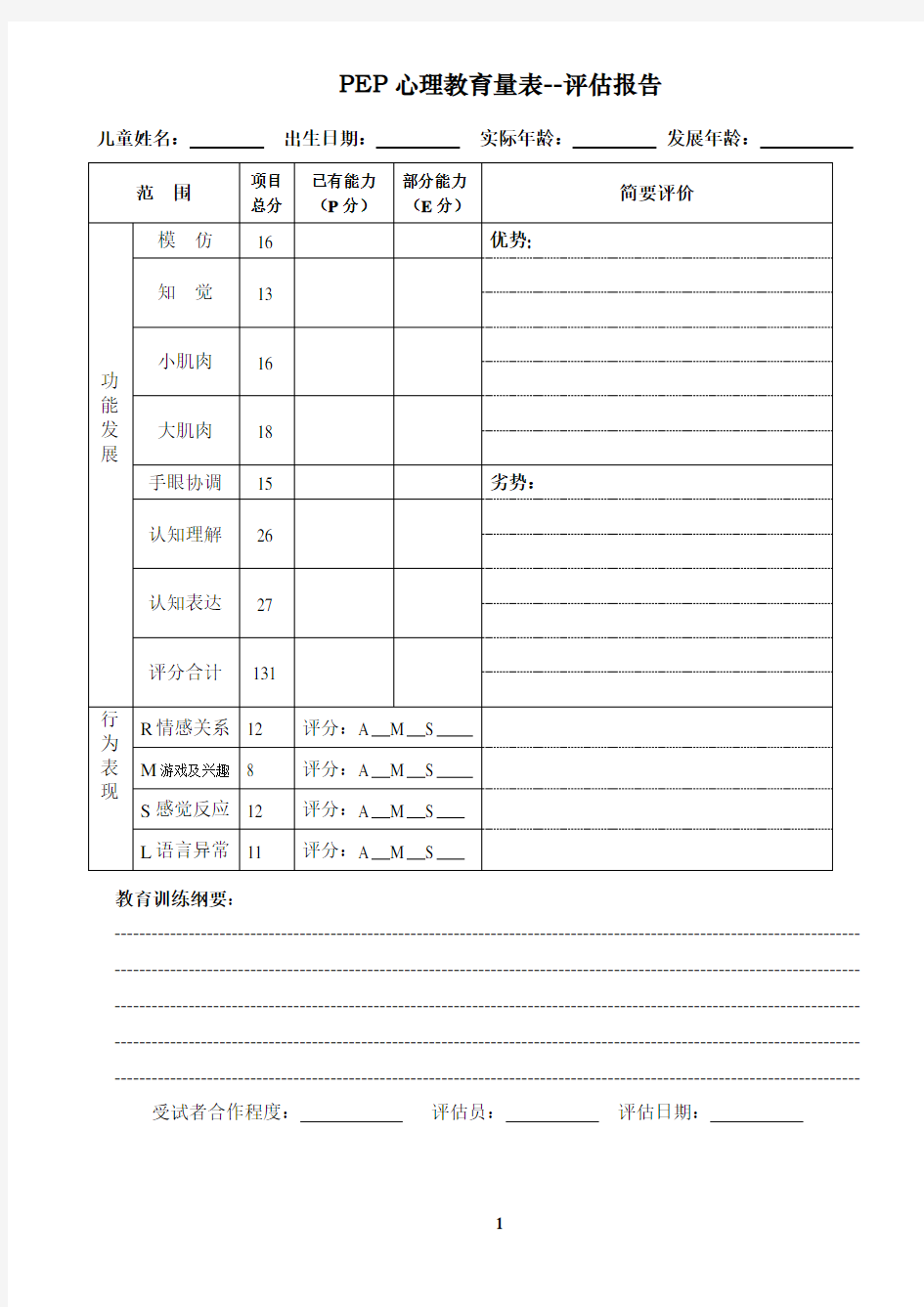 PEP孤独症儿童心理教育量表评估报告