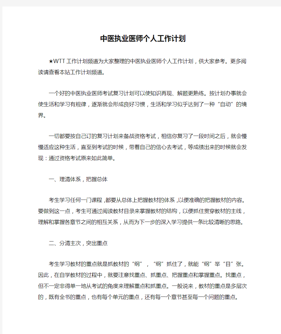 中医执业医师个人工作计划