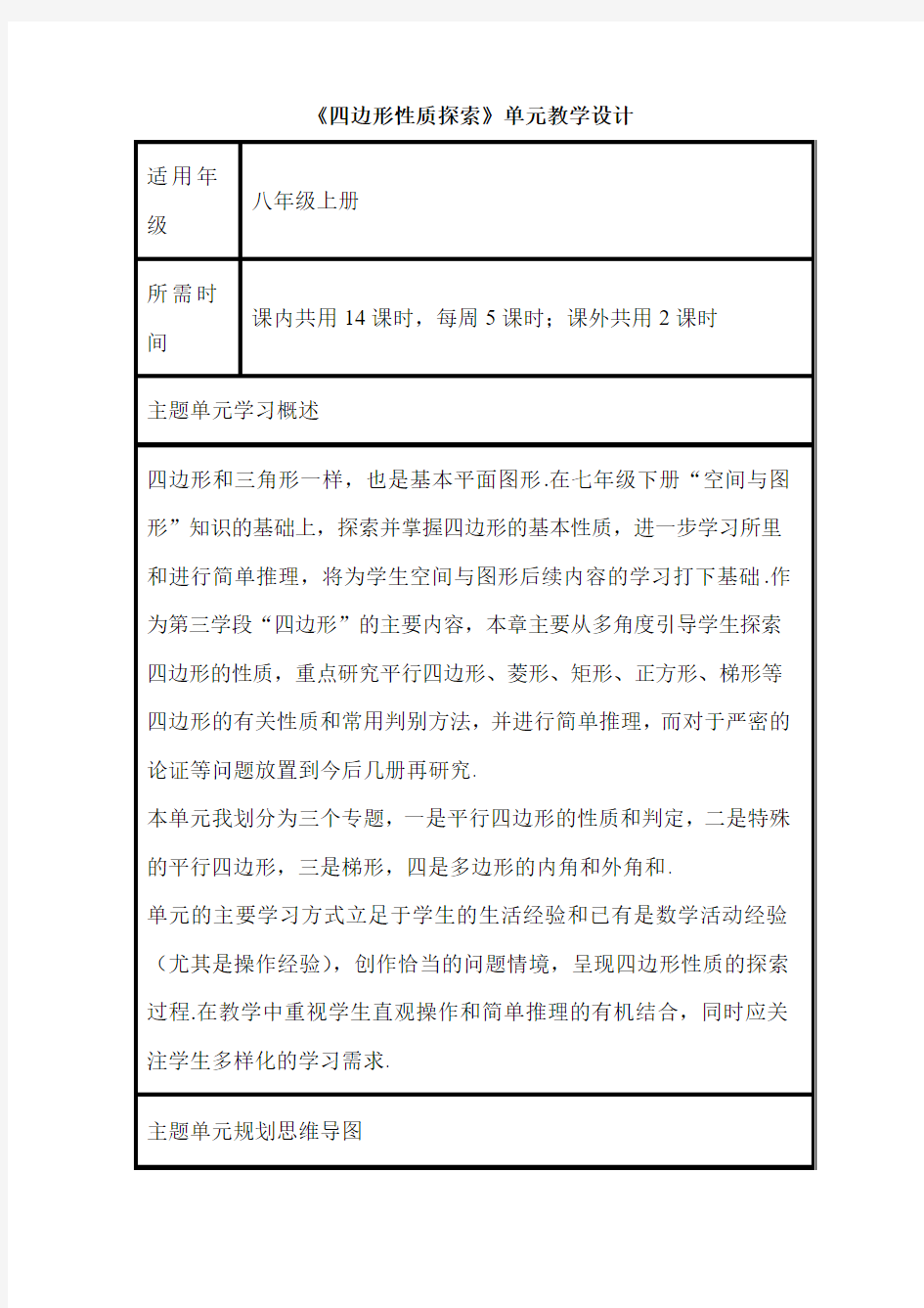 初中数学《四边形性质探索》单元教学设计以及思维导图