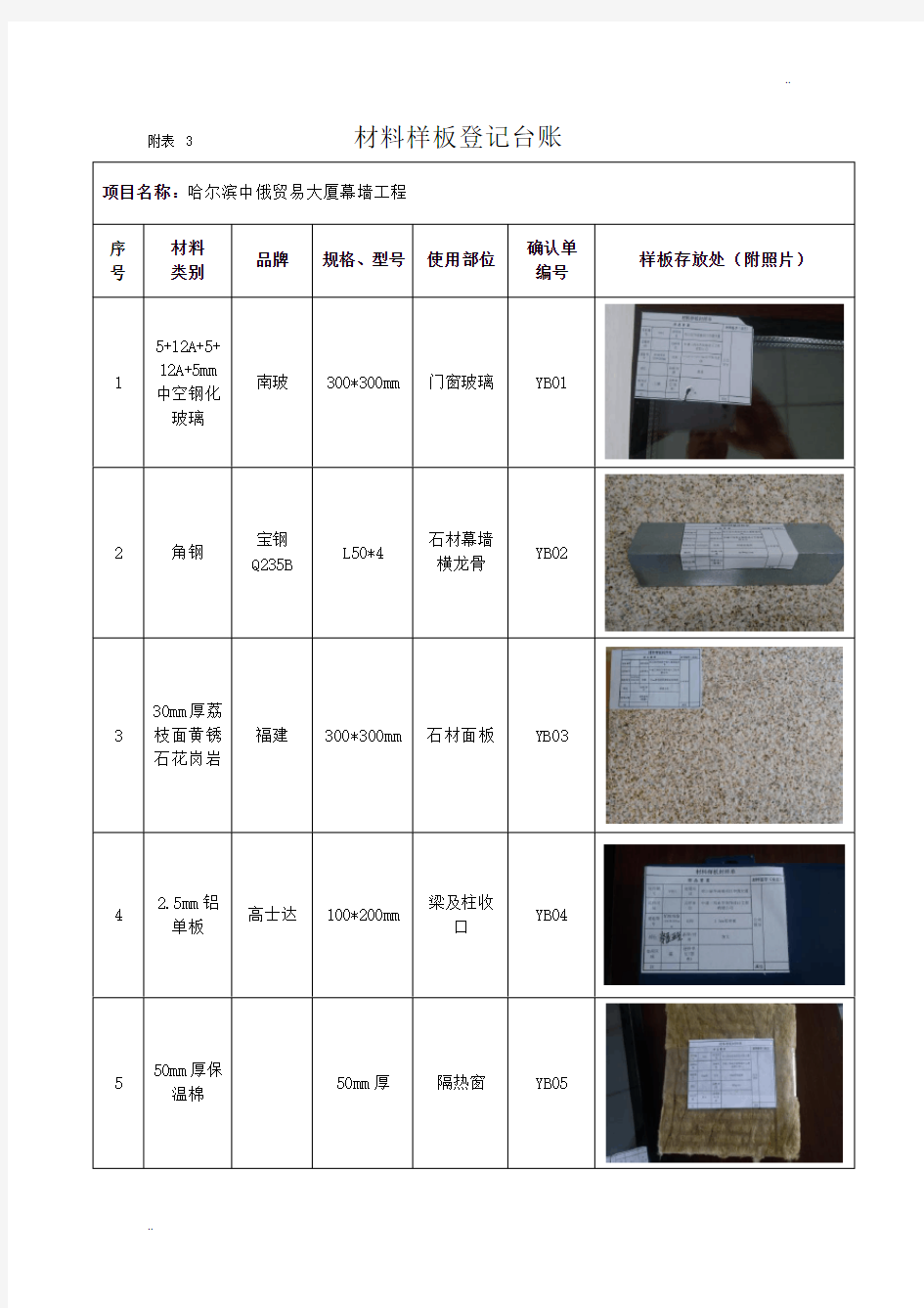 材料样板登记台账