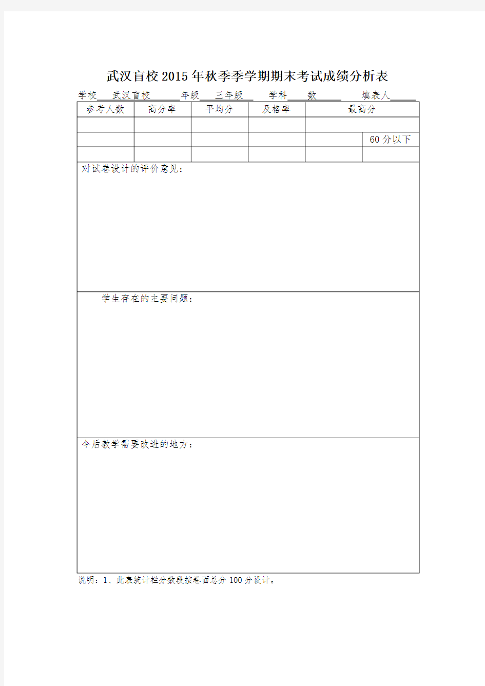 小学三年级数学期期末考试成绩分析表