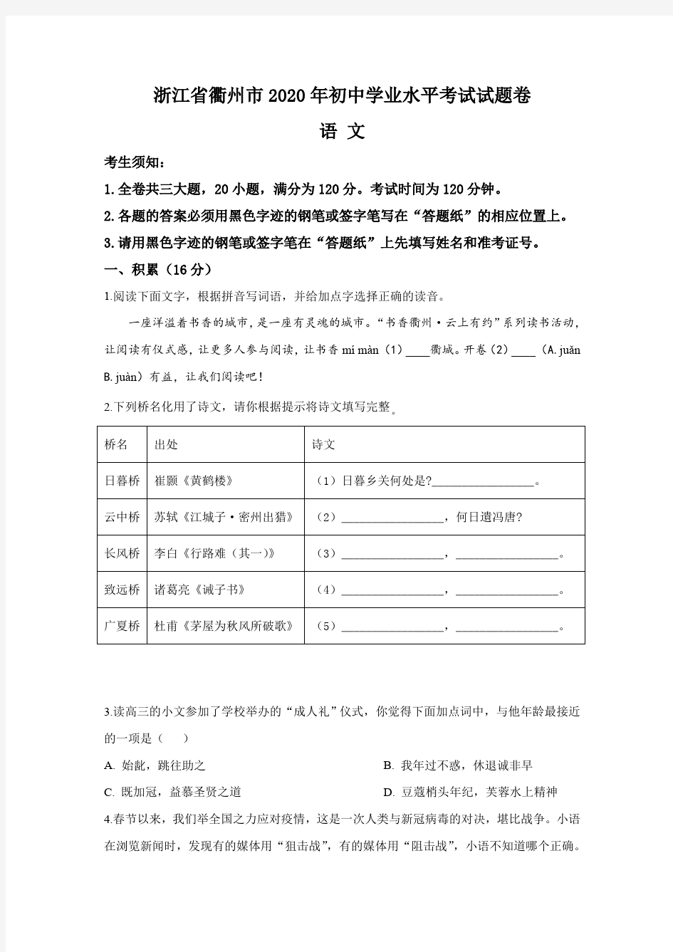 浙江省衢州市2020年中考语文试题(含答案与解析)