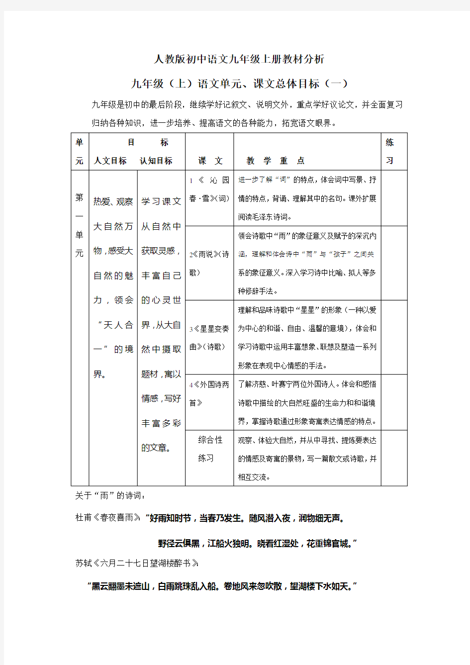 人教版初中语文九年级上册教材分析