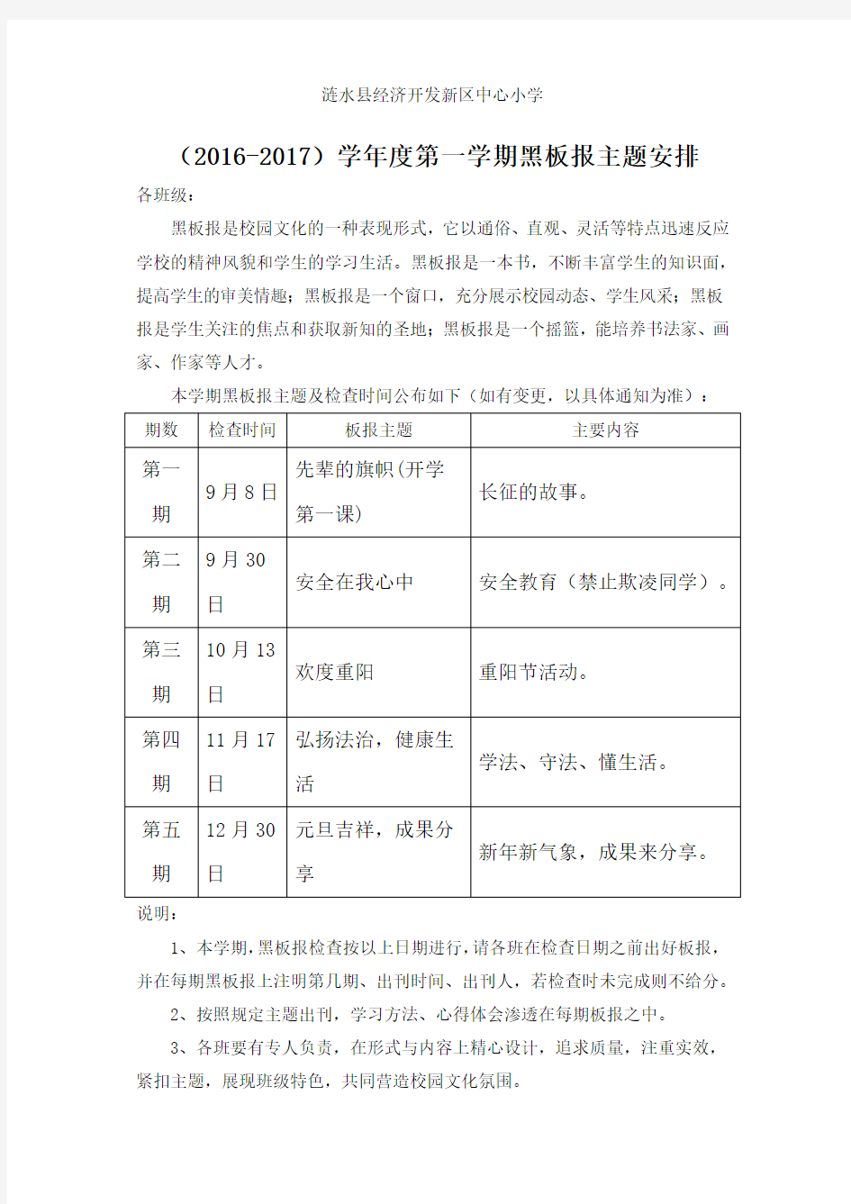 (2016-2017)学年度第一学期黑板报主题安排