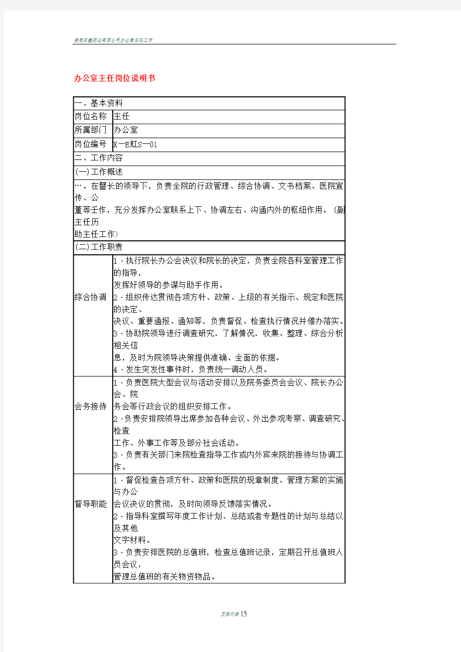 办公室主任岗位说明书