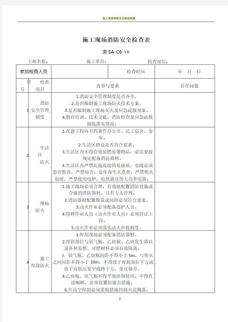 施工现场消防安全检查表