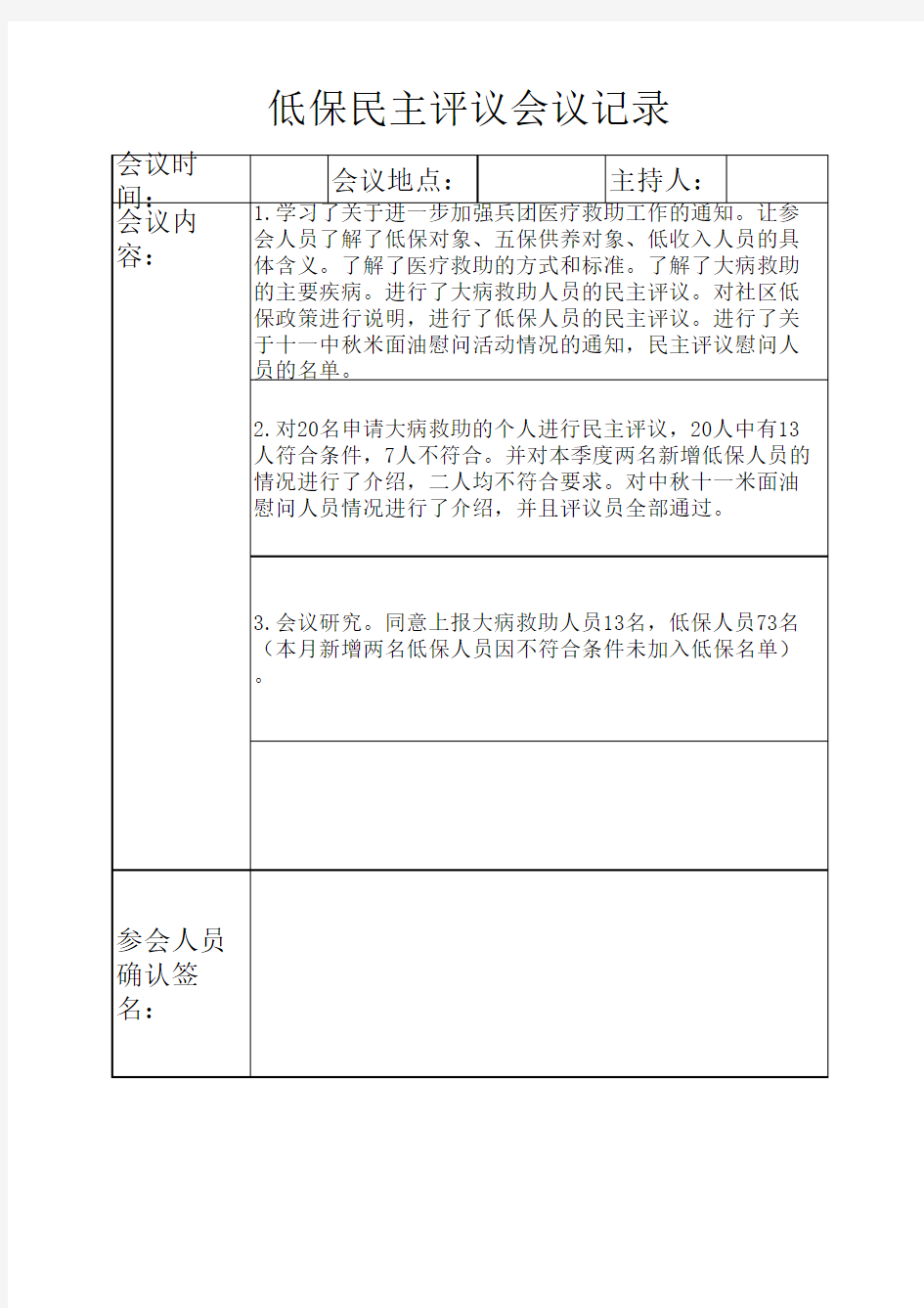 社区低保人员民主评议会议记录表