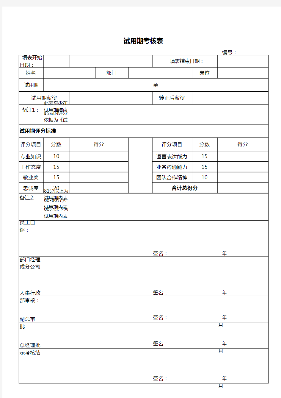 试用期满考核表