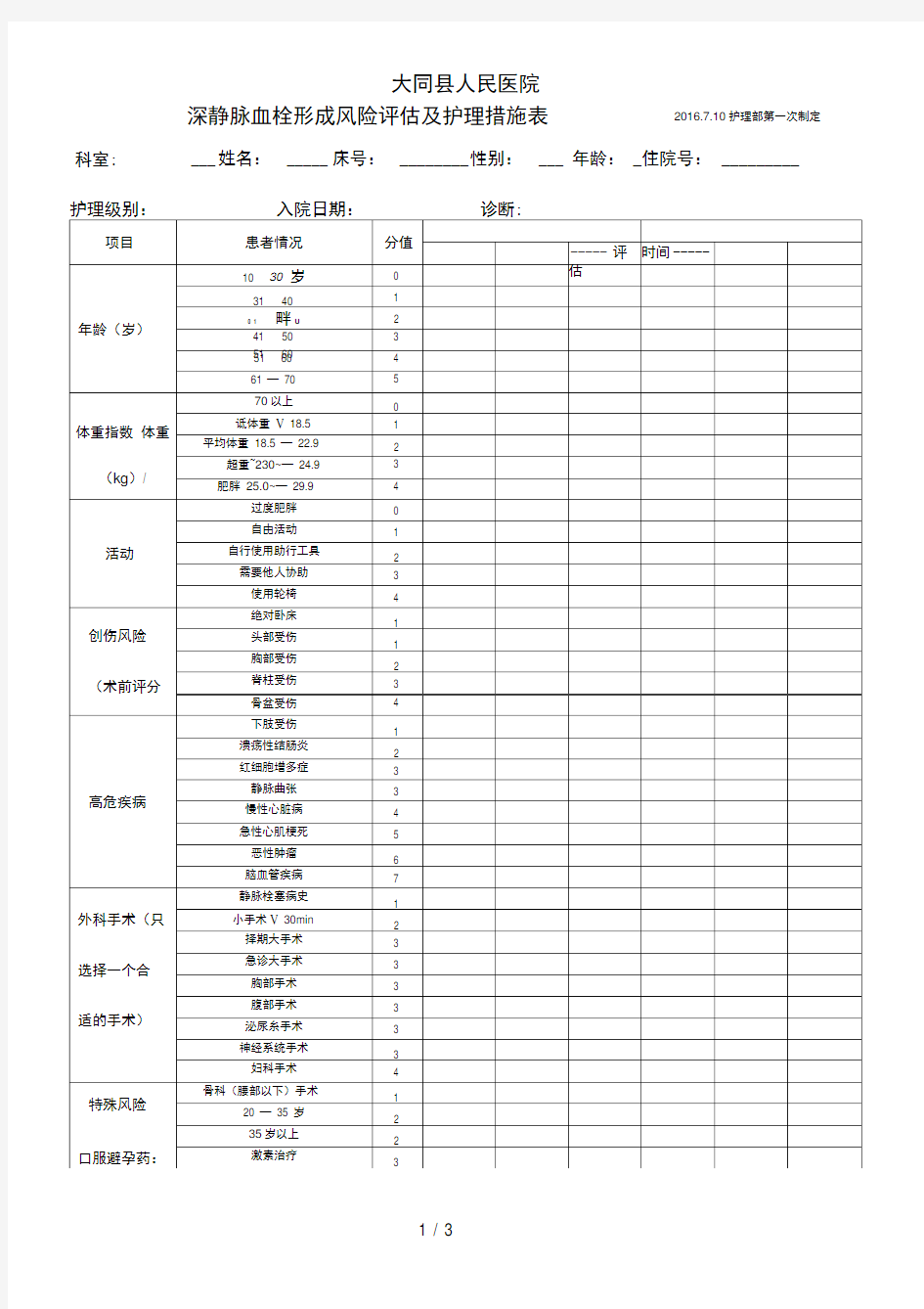 深静脉血栓形成风险评估表