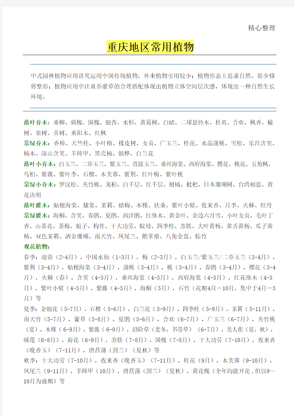 重庆地区常用植物配置