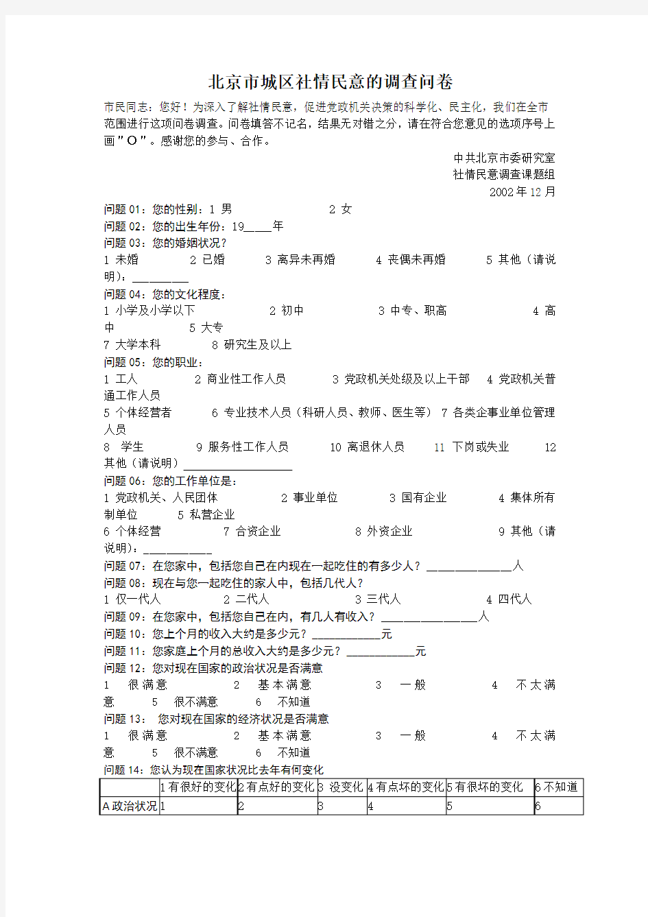 北京市城区社情民意的调查问卷