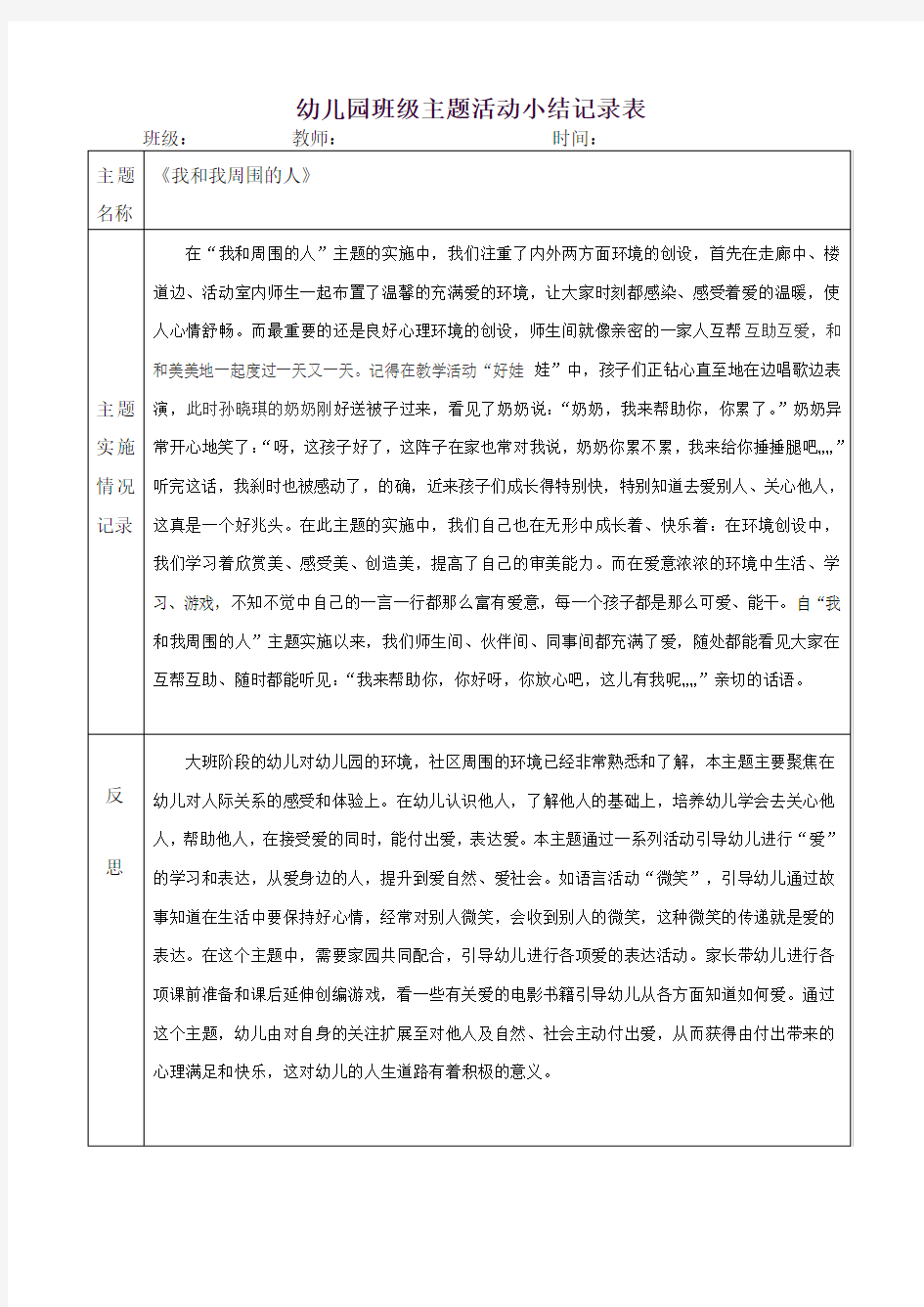 幼儿园班级主题活动小结记录表