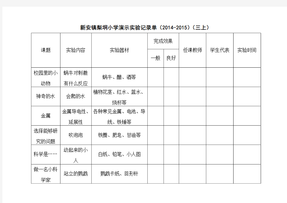 小学演示实验记录单