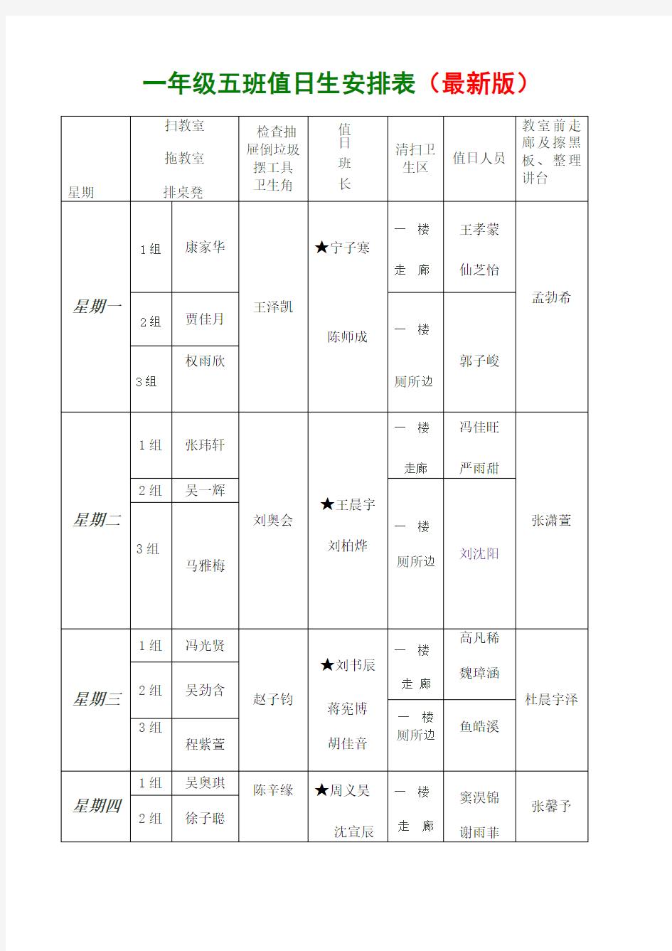 一年级五班值日生安排表