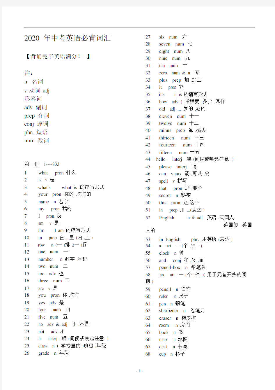 2020中考必考必备英语词汇表