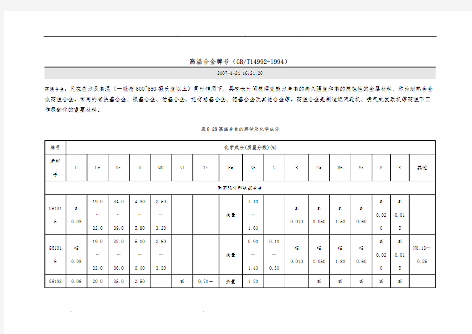 高温合金牌号及具体性能表