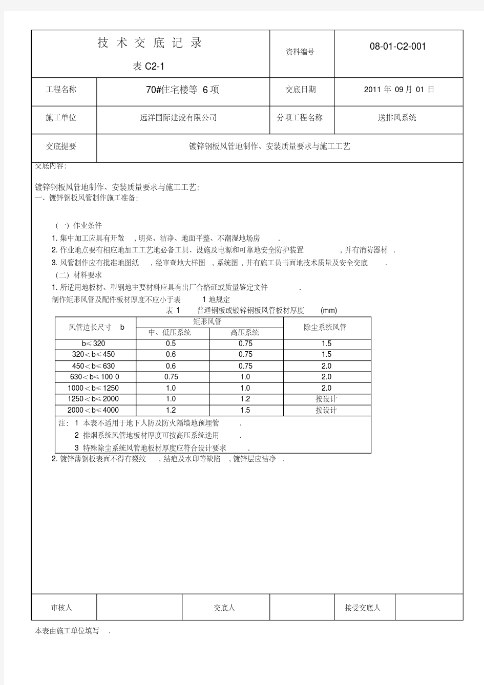 镀锌钢板风管制作安装施工工艺