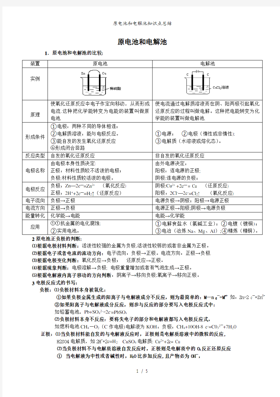 原电池和电解池知识点总结