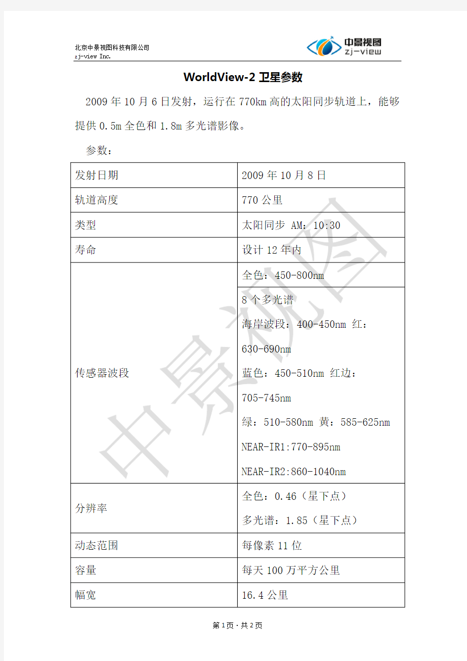 WorldView-2卫星参数