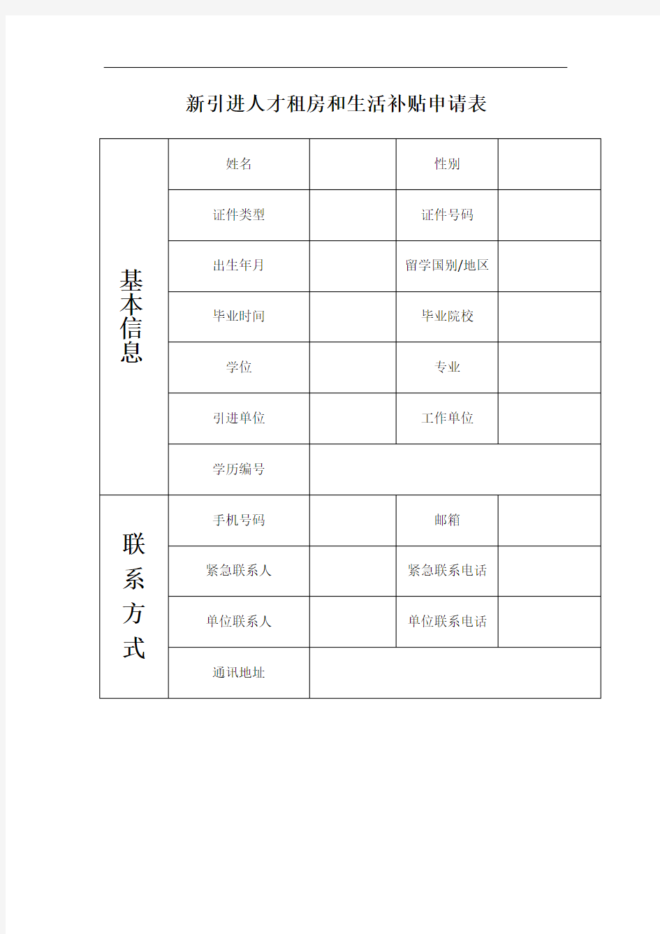 深圳市新引进人才租房和生活补贴申请表