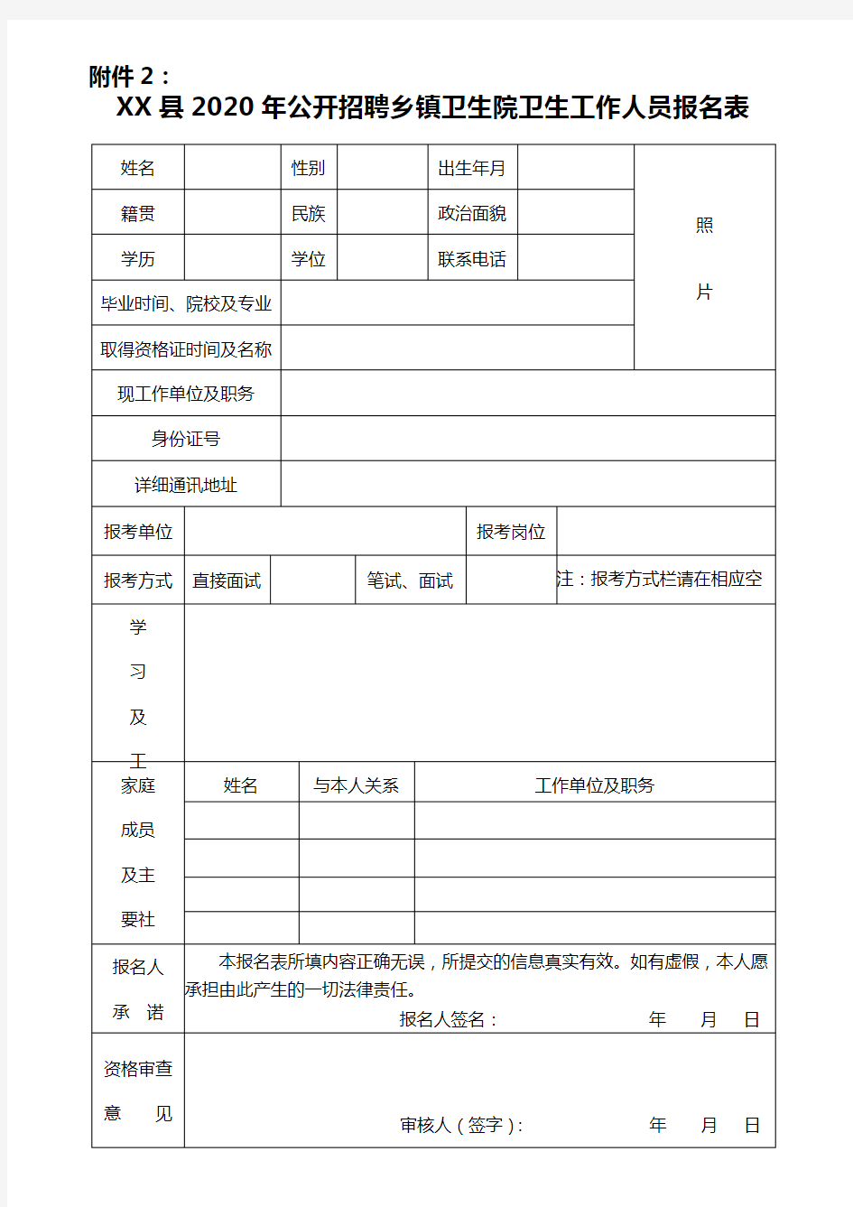 县2020年公开招聘乡镇卫生院卫生工作人员报名表【模板】