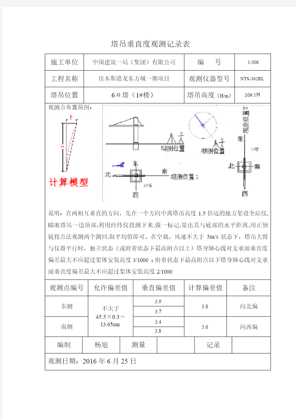 塔吊垂直度观测记录表