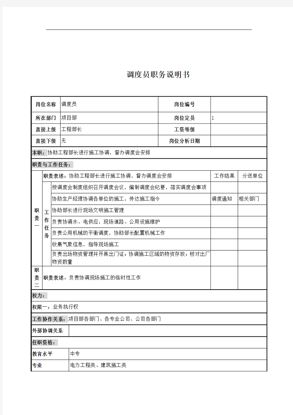 电力公司调度员岗位说明书