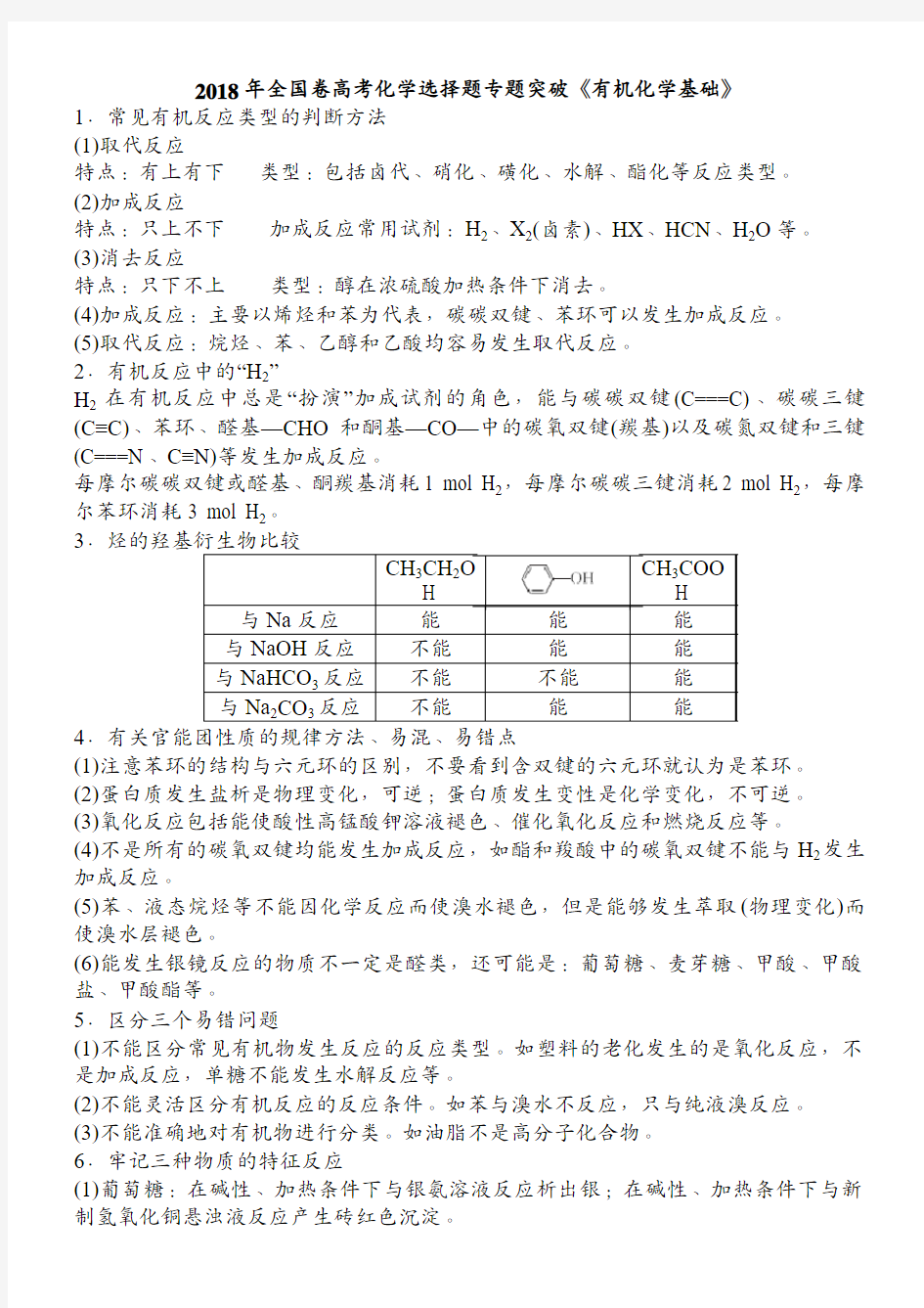 2018年全国卷高考化学选择题专题突破《有机化学基础》知识点详总以及真题练习