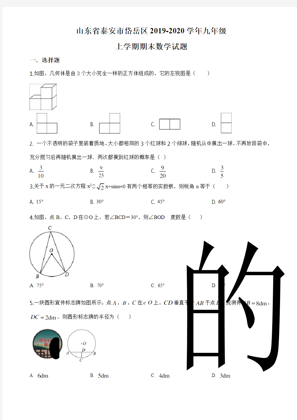 山东省泰安市岱岳区2019-2020学年九年级上学期期末数学试题