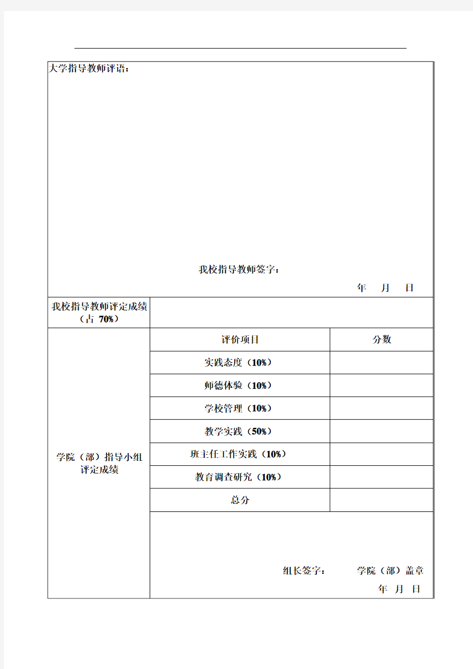 教育实习成绩评定表(分散实习)