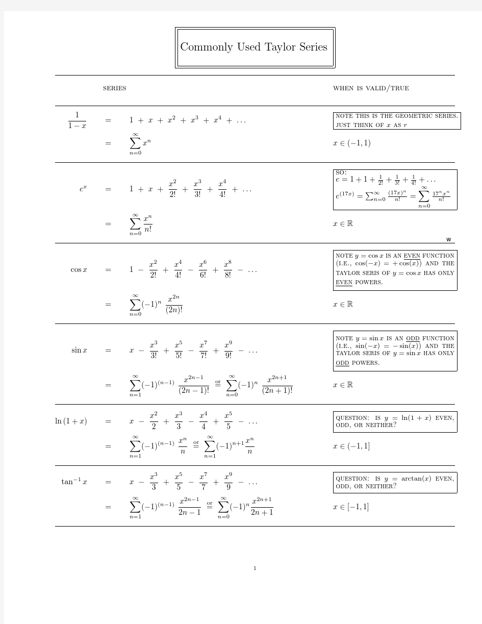 10个最常见的泰勒级数展开公式common taylor series