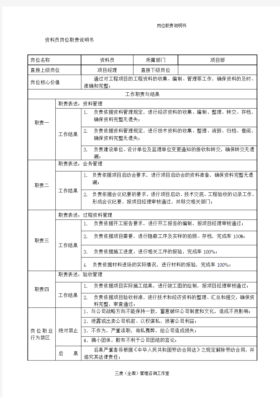 资料员岗位职责说明书