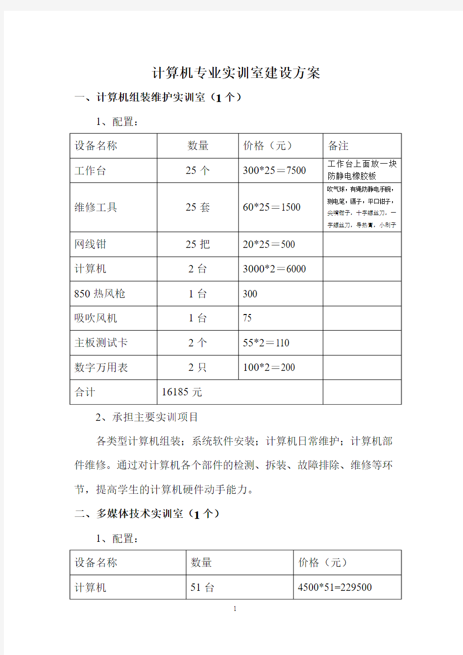 计算机专业实训室建设方案